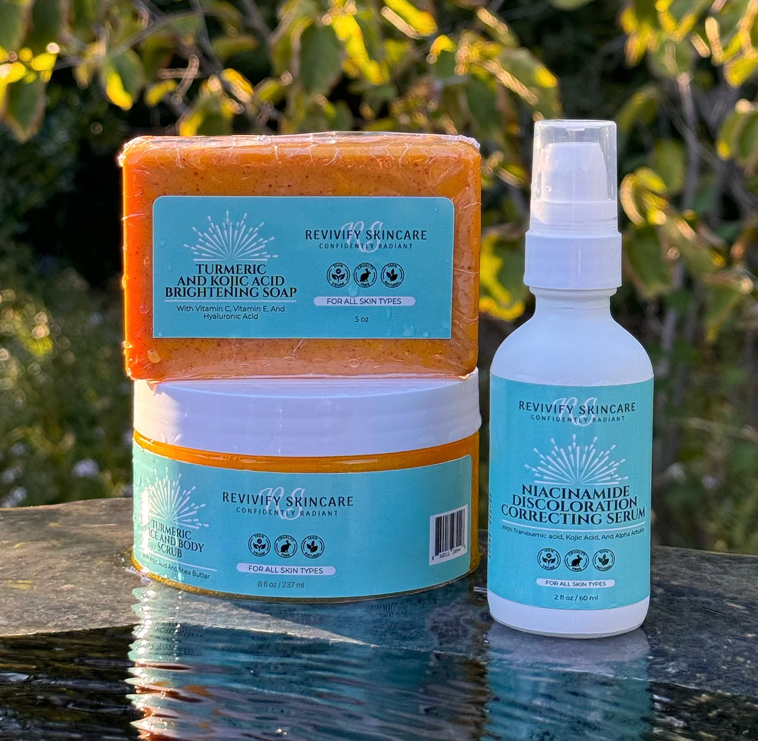 Kojic Bundle featuring turmeric soap, exfoliating scrub, and niacinamide serum for brighter, healthier skin.