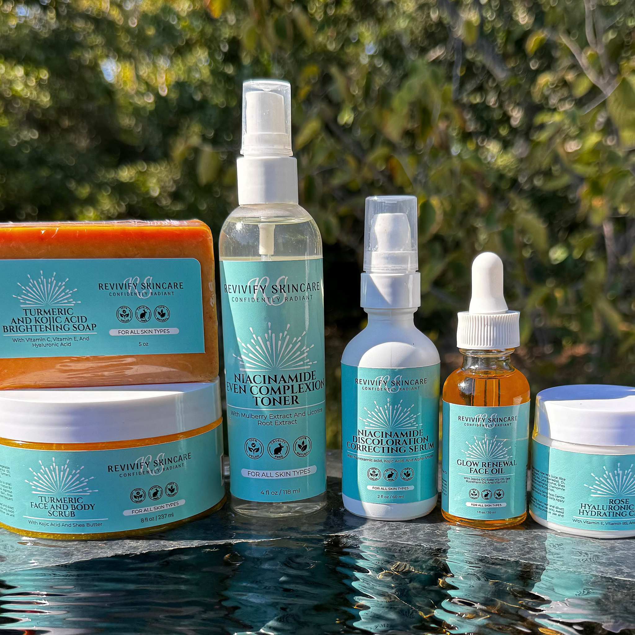 Reviw Skincare PCOS Bundle featuring brightening soap, toner, and serums for skin challenges related to PCOS.