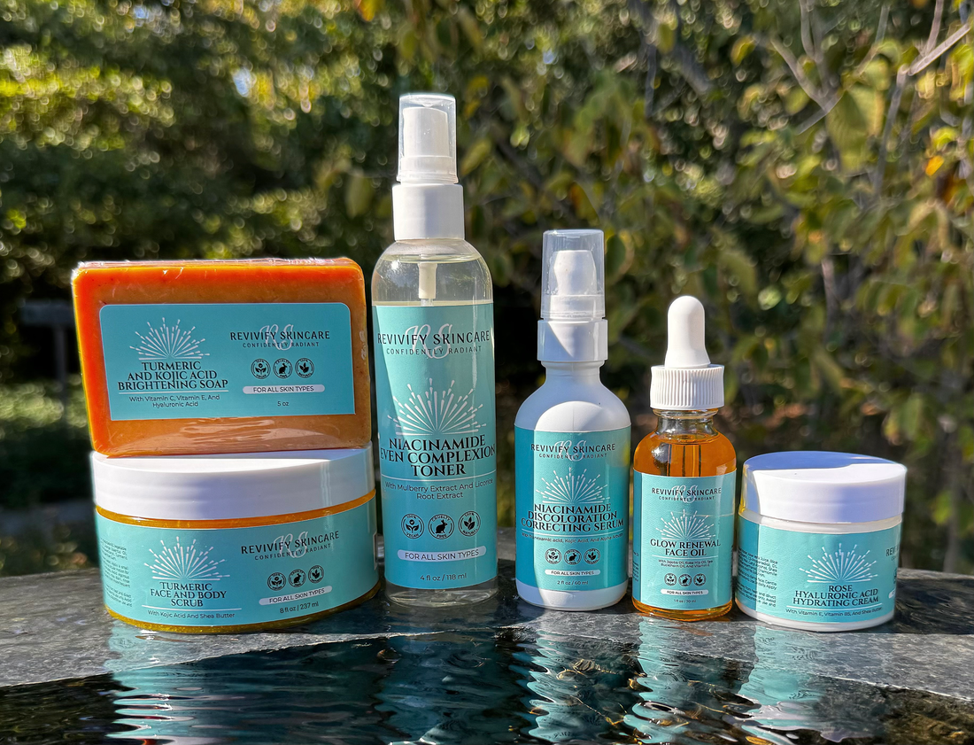 Reviw Skincare PCOS Bundle featuring brightening soap, toner, and serums for skin challenges related to PCOS.